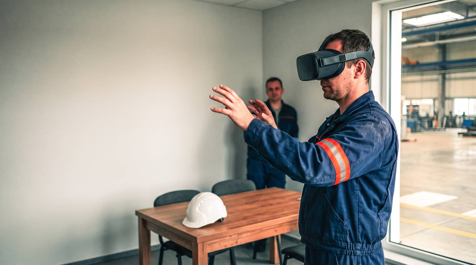 Zaměstnanec s brýlemi pro virtuální realitu při nácviku bezpečného postupu